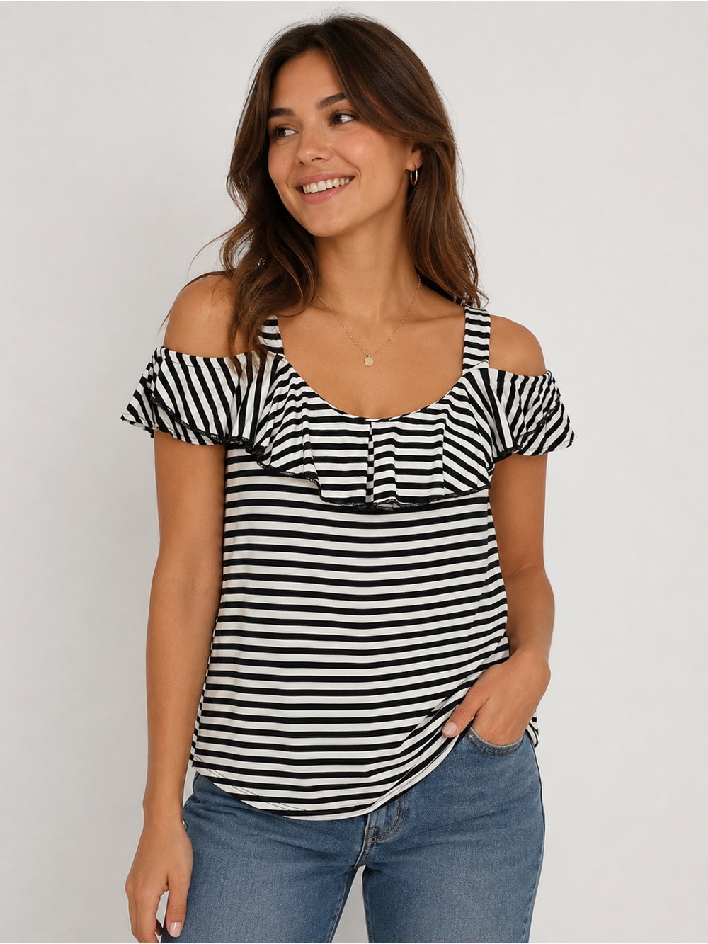 Cable and Gauge Striped Cold-Shoulder Ruffle Women's Top  - Size M